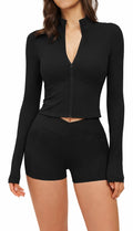 Damen Sportset – Langarm Zip-Jacke & High-Waist Shorts