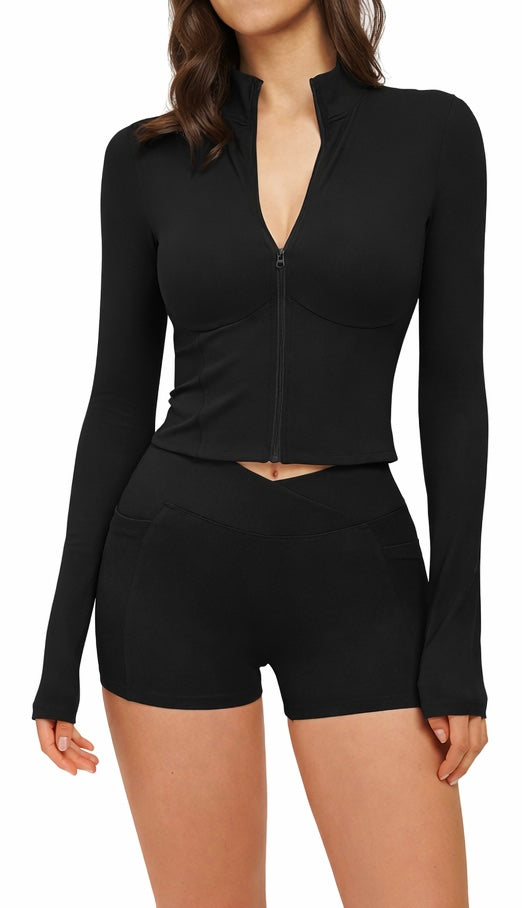 Damen Sportset – Langarm Zip-Jacke & High-Waist Shorts