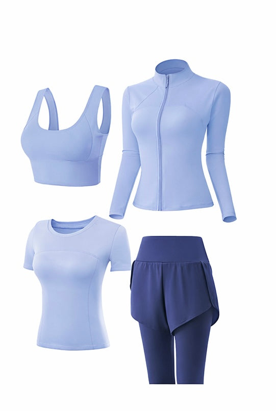 Damen Sportset – 4-teiliges Fitness Outfit mit Jacke, Shirt, BH & Leggings