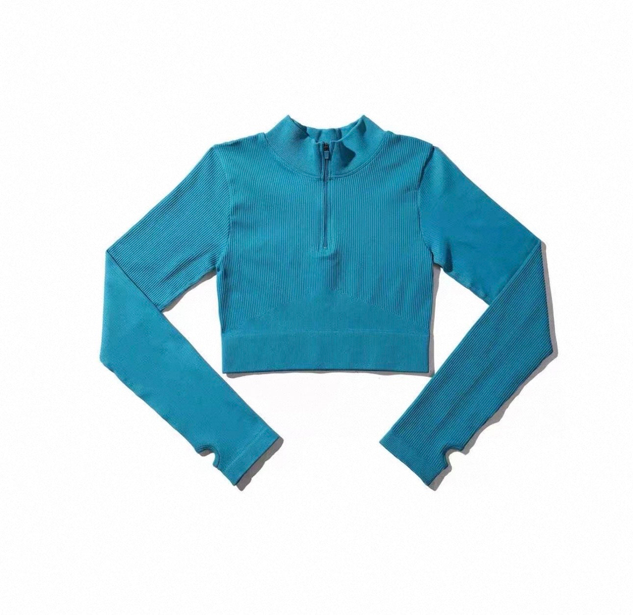 Damen Cropped Fitness Longsleeve mit Daumenlöchern – Figurbetontes Sport Top mit Zip-Kragen