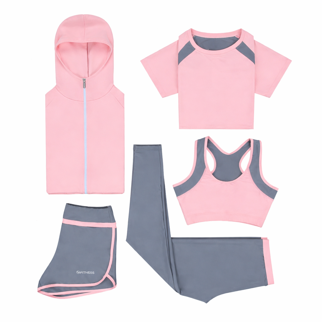 Damen Fitness Set 5-teilig – Sport Outfit mit Hoodie, T-Shirt, Sport-BH, Leggings & Shorts | Atmungsaktiv, Figurformend, Ideal für Training & Alltag