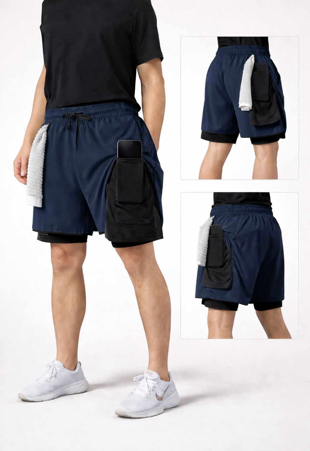 Sportliche 2-in-1 Trainingsshorts mit integrierter Handy-Tasche (Herren)