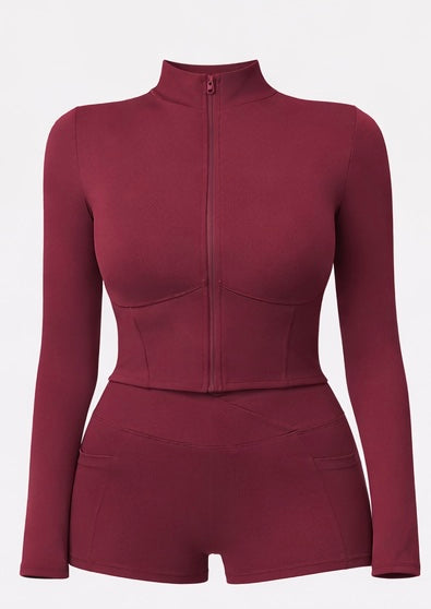 Damen Sportset – Langarm Zip-Jacke & High-Waist Shorts