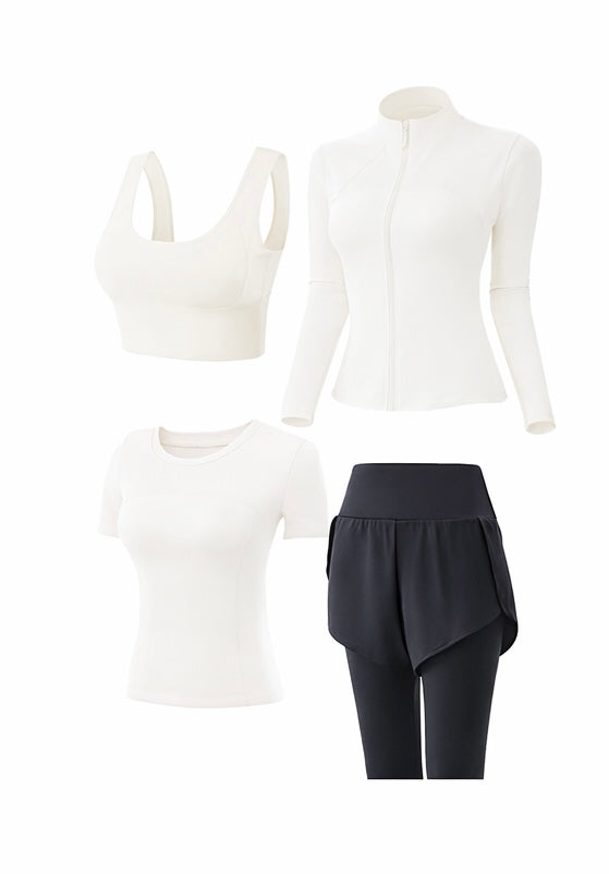 Damen Sportset – 4-teiliges Fitness Outfit mit Jacke, Shirt, BH & Leggings