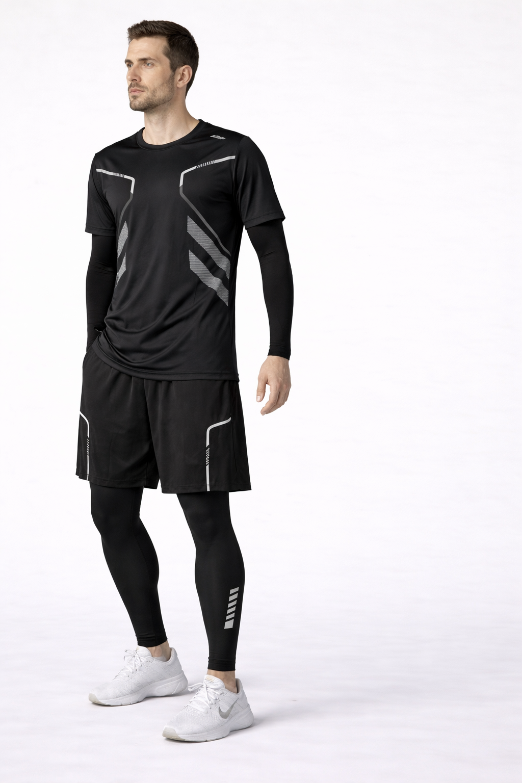 Herren Performance Sportset 4-teilig – Funktionsshirt, Shorts, Langarm-Kompressionsshirt & Kompressionsleggings