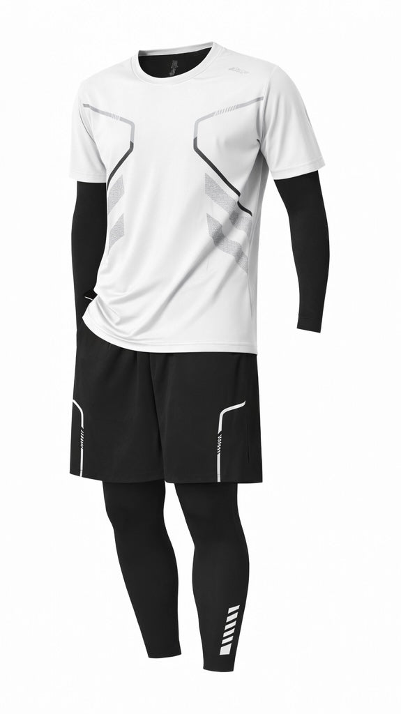 Herren Performance Sportset 4-teilig – Funktionsshirt, Shorts, Langarm-Kompressionsshirt & Kompressionsleggings