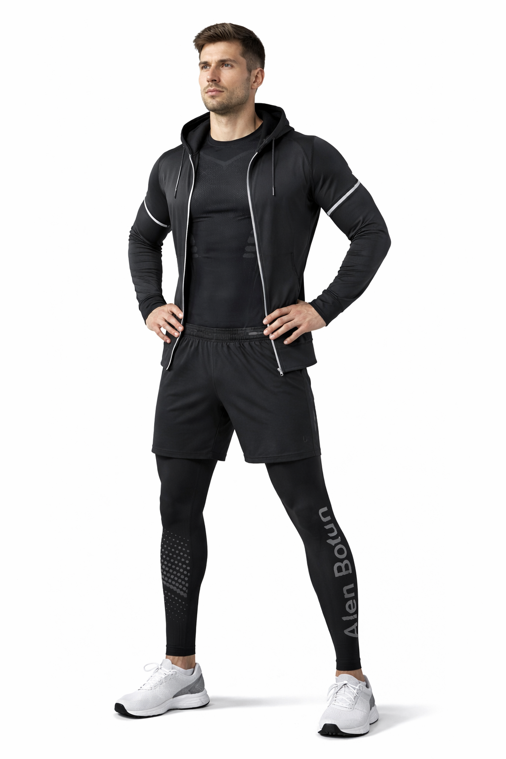 Herren Trainingsanzug Set 5-teilig – Performance Sport Outfit mit Hoodie, Compression Shirt, Shorts & Tights
