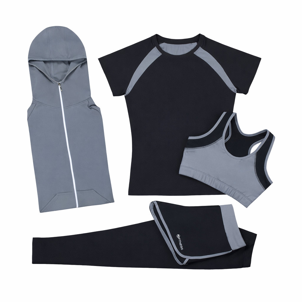 Damen Fitness Set 5-teilig – Sport Outfit mit Hoodie, T-Shirt, Sport-BH, Leggings & Shorts | Atmungsaktiv, Figurformend, Ideal für Training & Alltag