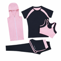 Damen Fitness Set 5-teilig – Sport Outfit mit Hoodie, T-Shirt, Sport-BH, Leggings & Shorts | Atmungsaktiv, Figurformend, Ideal für Training & Alltag