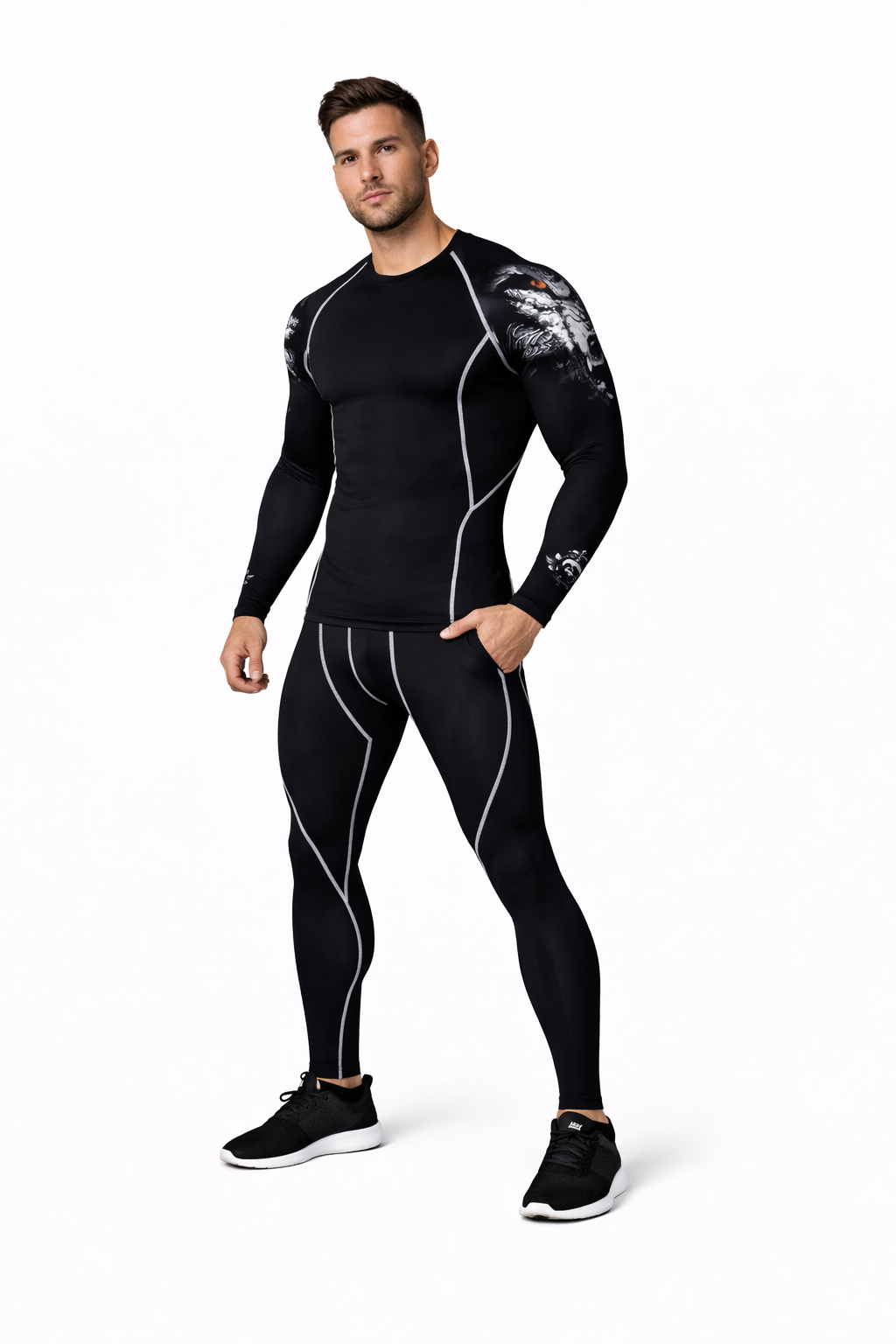 Herren Sportset – Kompressionsshirt, Leggings, Hoodie & Shorts