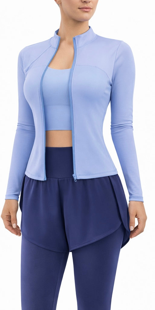 Damen Sportset – 4-teiliges Fitness Outfit mit Jacke, Shirt, BH & Leggings