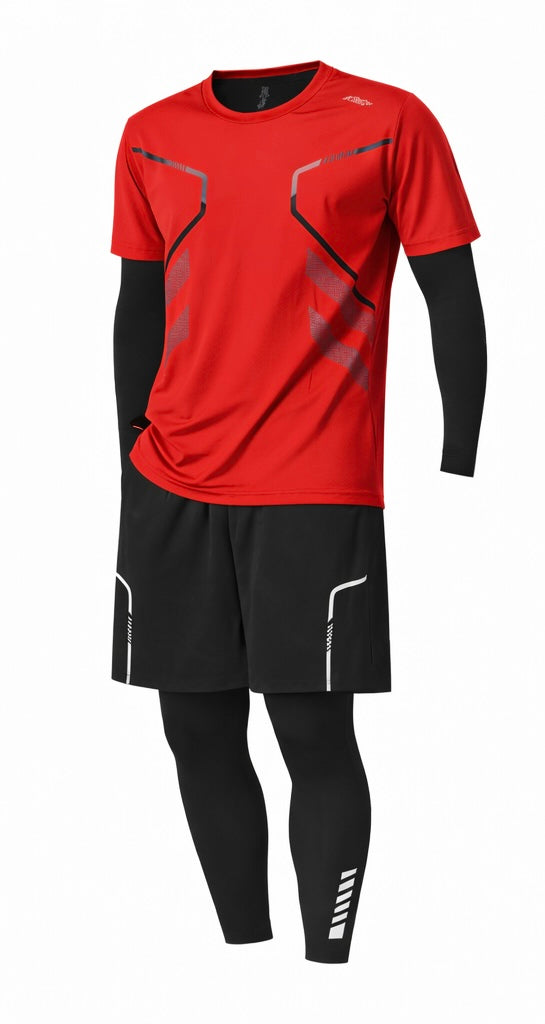 Herren Performance Sportset 4-teilig – Funktionsshirt, Shorts, Langarm-Kompressionsshirt & Kompressionsleggings