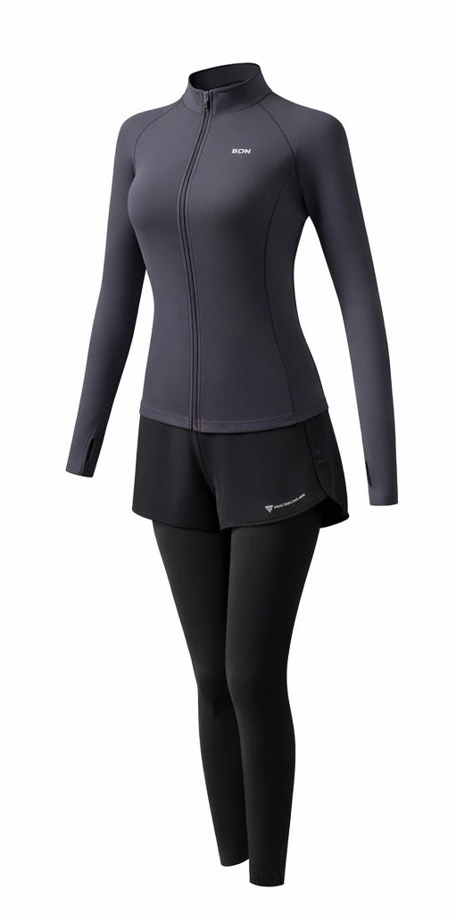 Damen Fitness Set 2-teilig – Sportjacke mit Reißverschluss & Leggings mit Rock | Premium Yoga & Gym Outfit