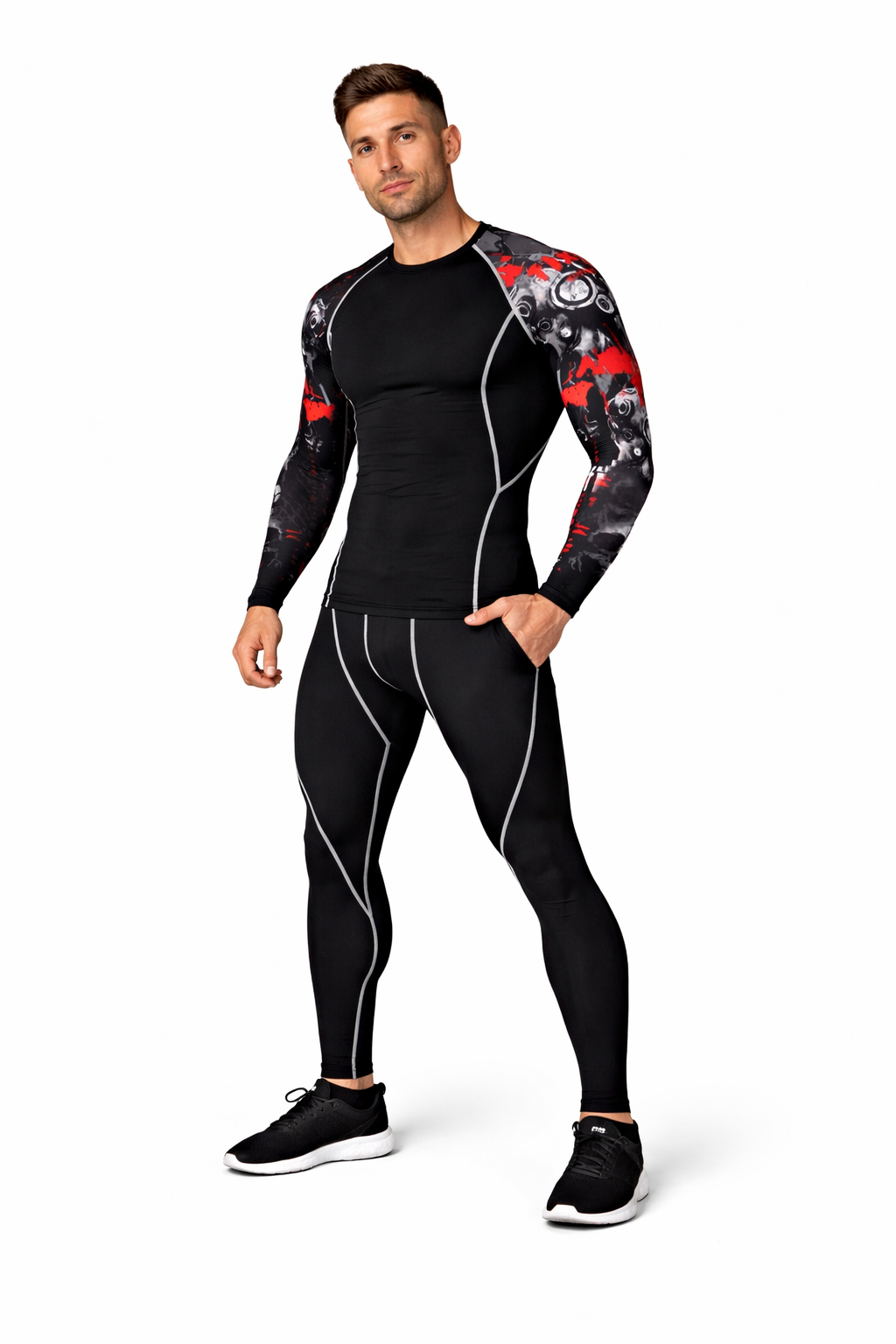 Herren Sportset – Kompressionsshirt, Leggings, Hoodie & Shorts