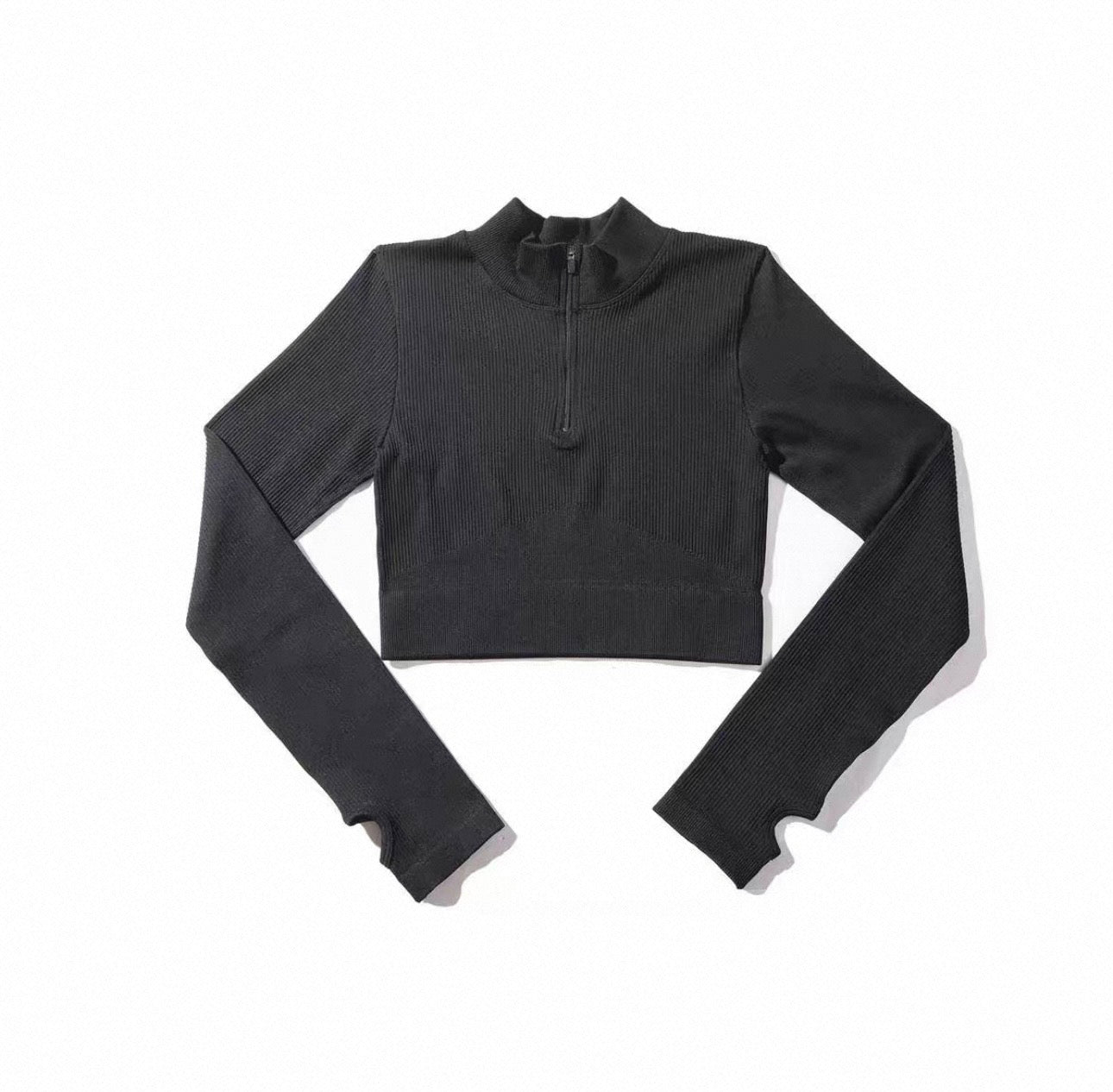 Damen Cropped Fitness Longsleeve mit Daumenlöchern – Figurbetontes Sport Top mit Zip-Kragen