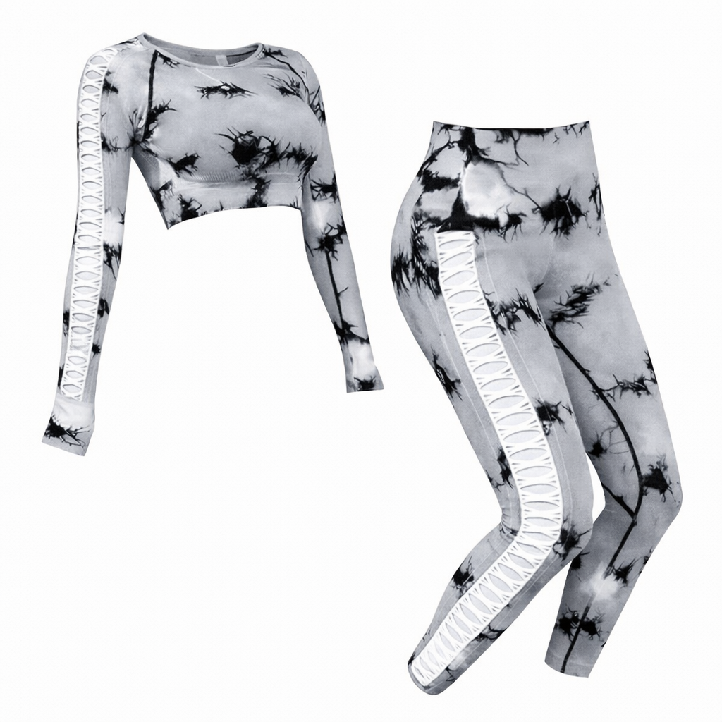 Damen Sportset – Crop-Top Langarm & High-Waist Leggings mit Cut-Outs
