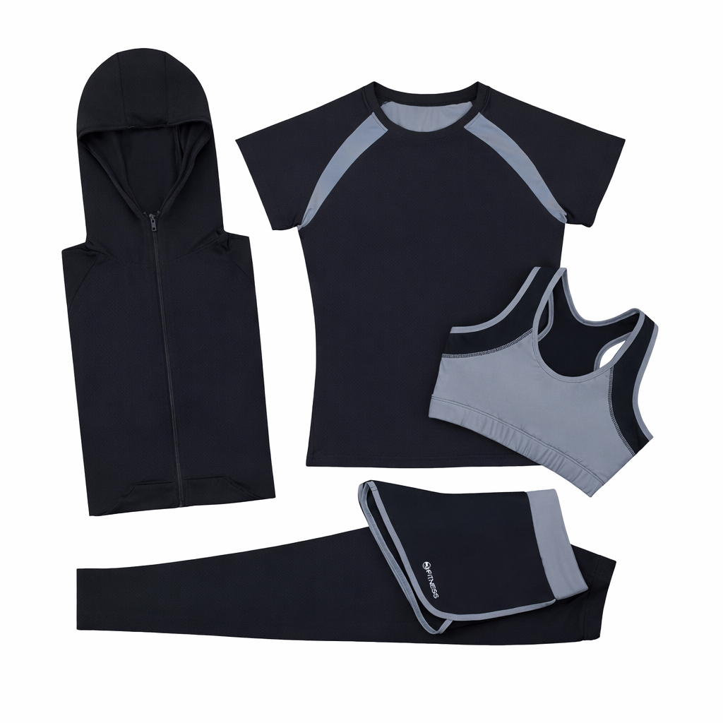 Damen Fitness Set 5-teilig – Sport Outfit mit Hoodie, T-Shirt, Sport-BH, Leggings & Shorts | Atmungsaktiv, Figurformend, Ideal für Training & Alltag