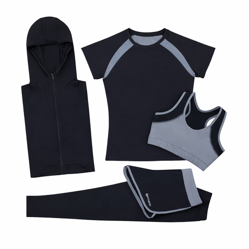 Damen Fitness Set 5-teilig – Sport Outfit mit Hoodie, T-Shirt, Sport-BH, Leggings & Shorts | Atmungsaktiv, Figurformend, Ideal für Training & Alltag