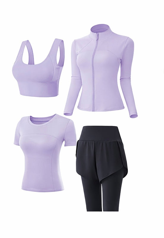 Damen Sportset – 4-teiliges Fitness Outfit mit Jacke, Shirt, BH & Leggings