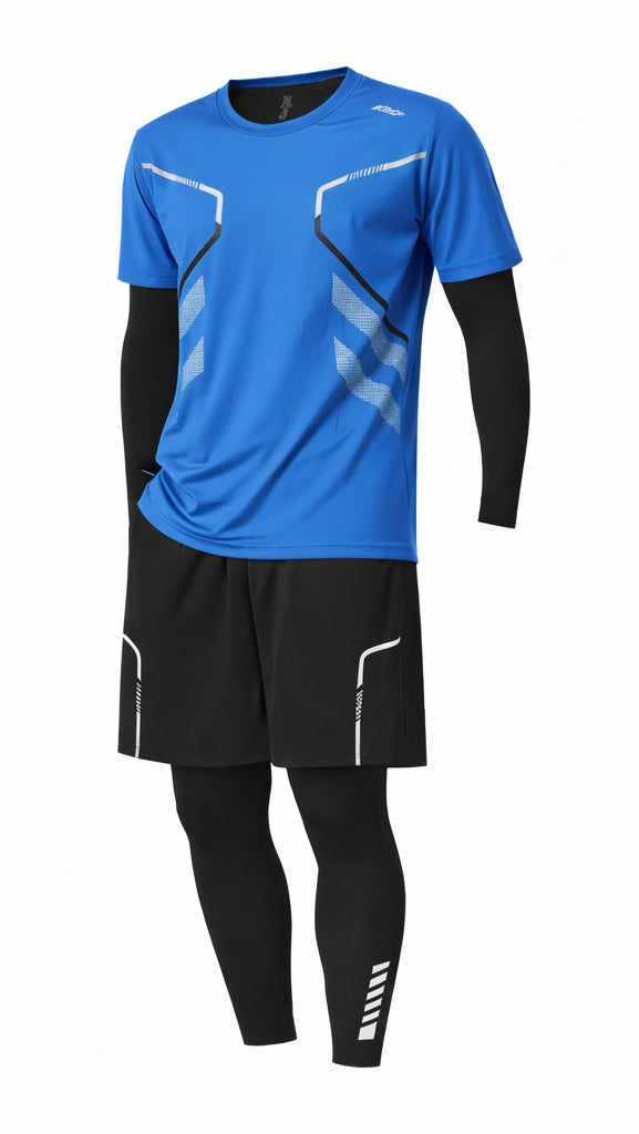 Herren Performance Sportset 4-teilig – Funktionsshirt, Shorts, Langarm-Kompressionsshirt & Kompressionsleggings