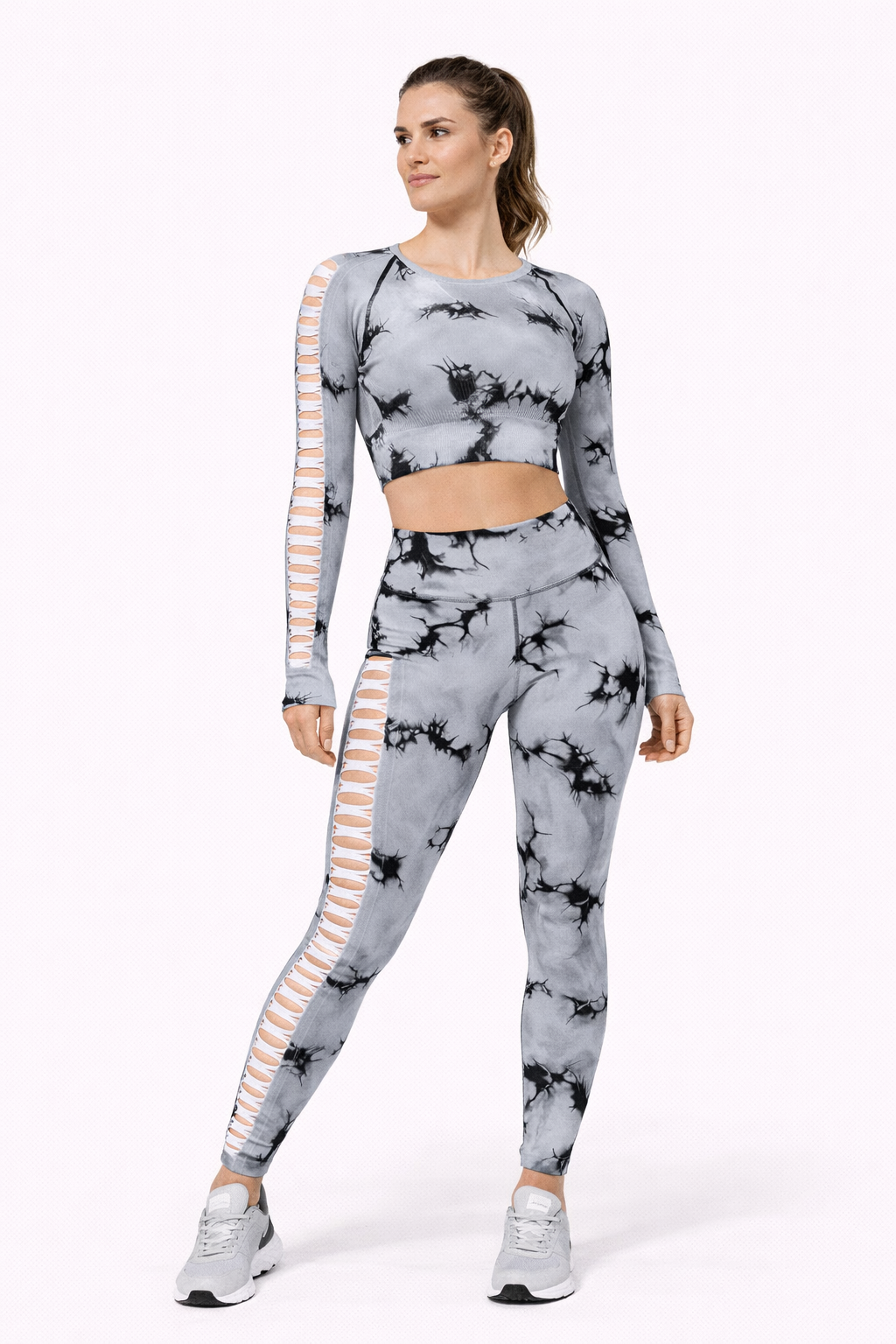 Damen Sportset – Crop-Top Langarm & High-Waist Leggings mit Cut-Outs
