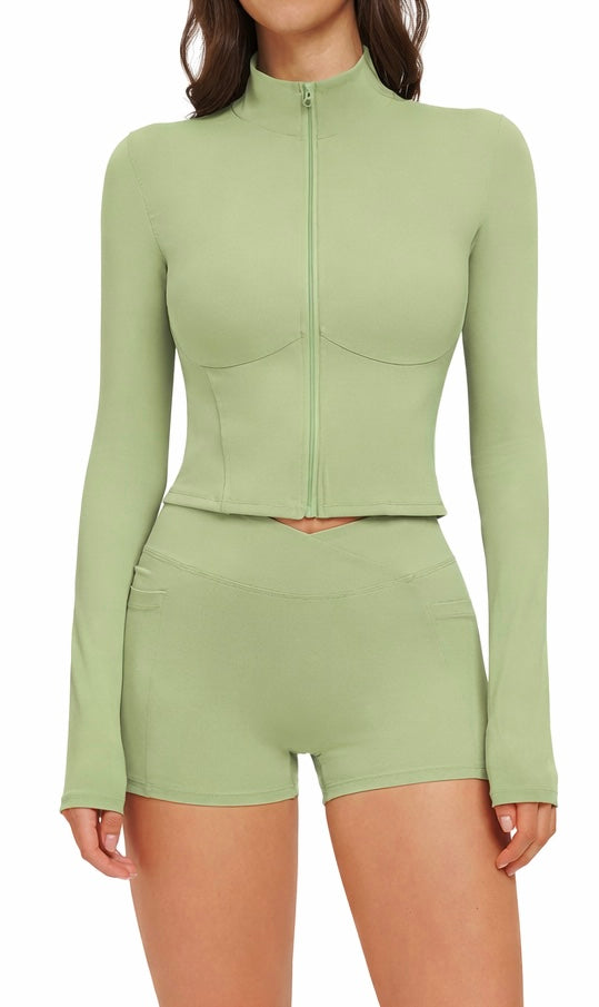 Damen Sportset – Langarm Zip-Jacke & High-Waist Shorts