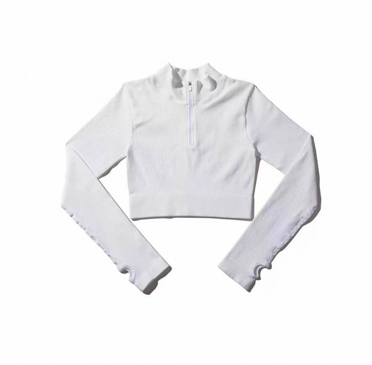 Damen Cropped Fitness Longsleeve mit Daumenlöchern – Figurbetontes Sport Top mit Zip-Kragen