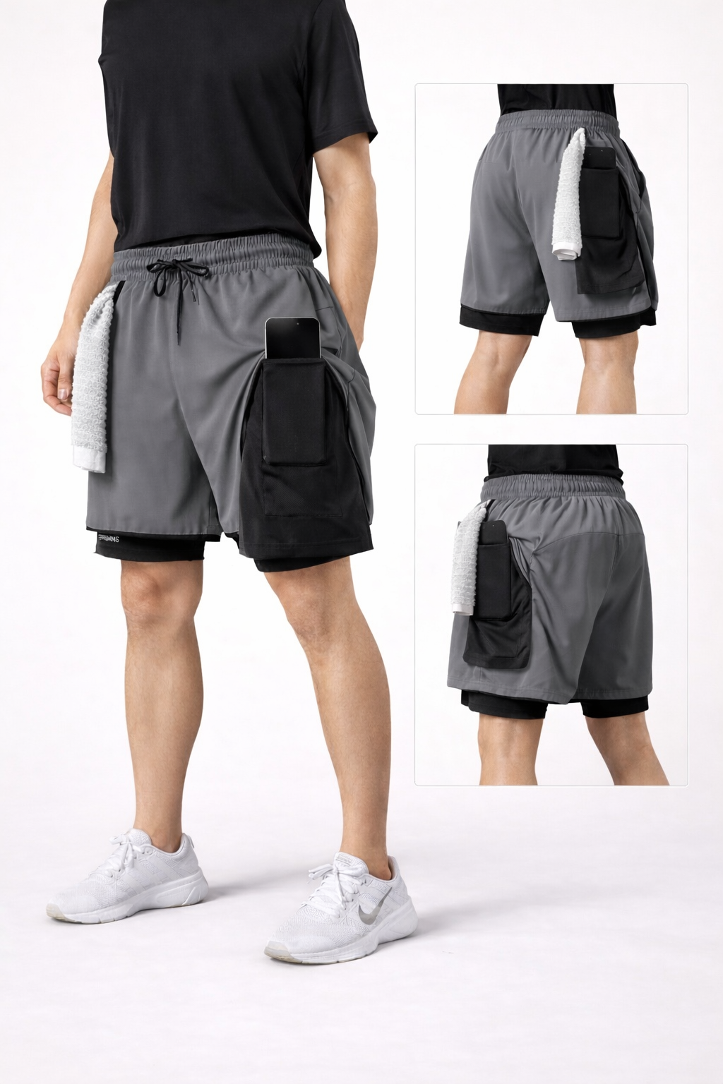 Sportliche 2-in-1 Trainingsshorts mit integrierter Handy-Tasche (Herren)