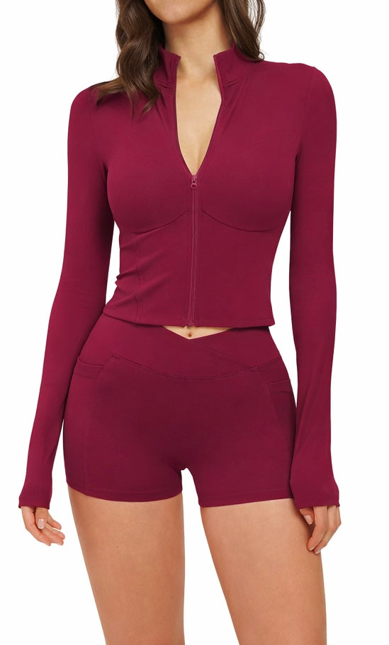 Damen Sportset – Langarm Zip-Jacke & High-Waist Shorts