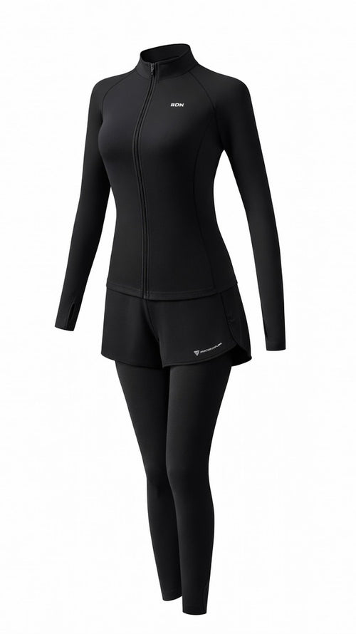 Damen Fitness Set 2-teilig – Sportjacke mit Reißverschluss & Leggings mit Rock | Premium Yoga & Gym Outfit