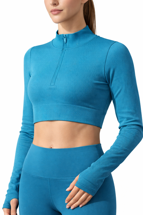 Damen Cropped Fitness Longsleeve mit Daumenlöchern – Figurbetontes Sport Top mit Zip-Kragen