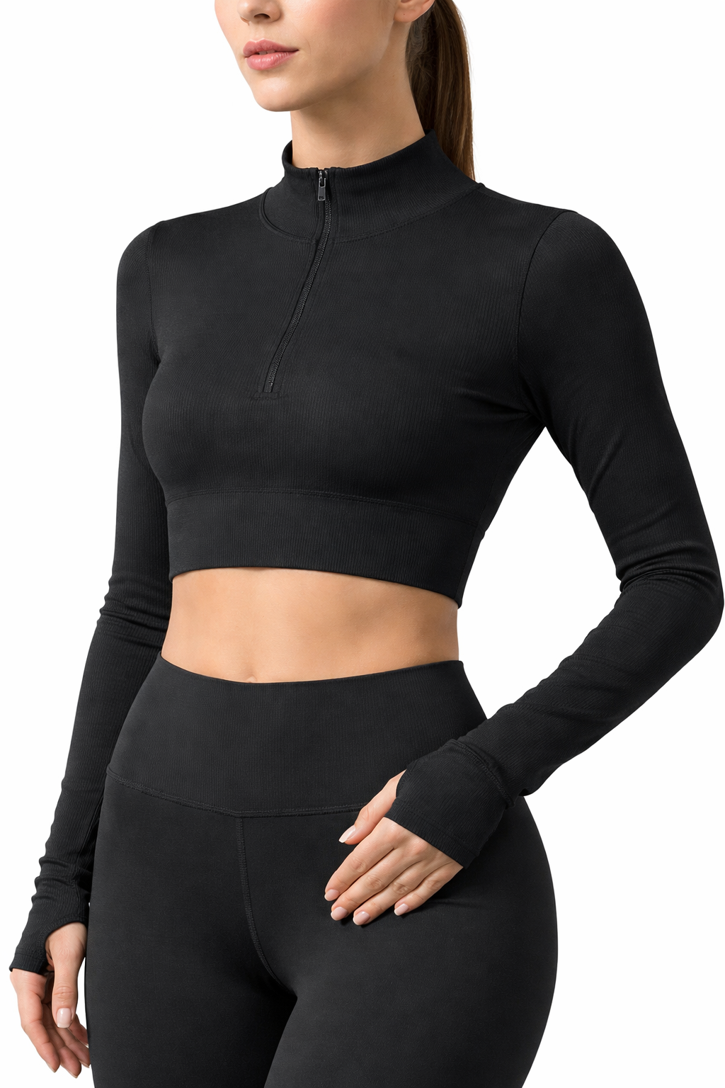 Damen Cropped Fitness Longsleeve mit Daumenlöchern – Figurbetontes Sport Top mit Zip-Kragen