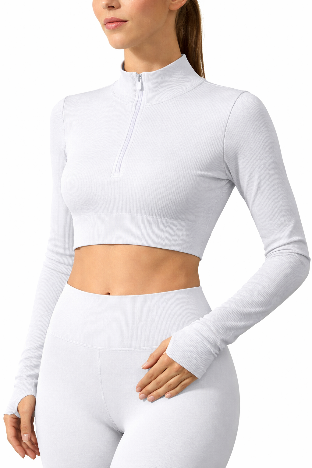 Damen Cropped Fitness Longsleeve mit Daumenlöchern – Figurbetontes Sport Top mit Zip-Kragen