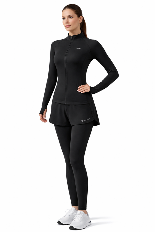 Damen Fitness Set 2-teilig – Sportjacke mit Reißverschluss & Leggings mit Rock | Premium Yoga & Gym Outfit