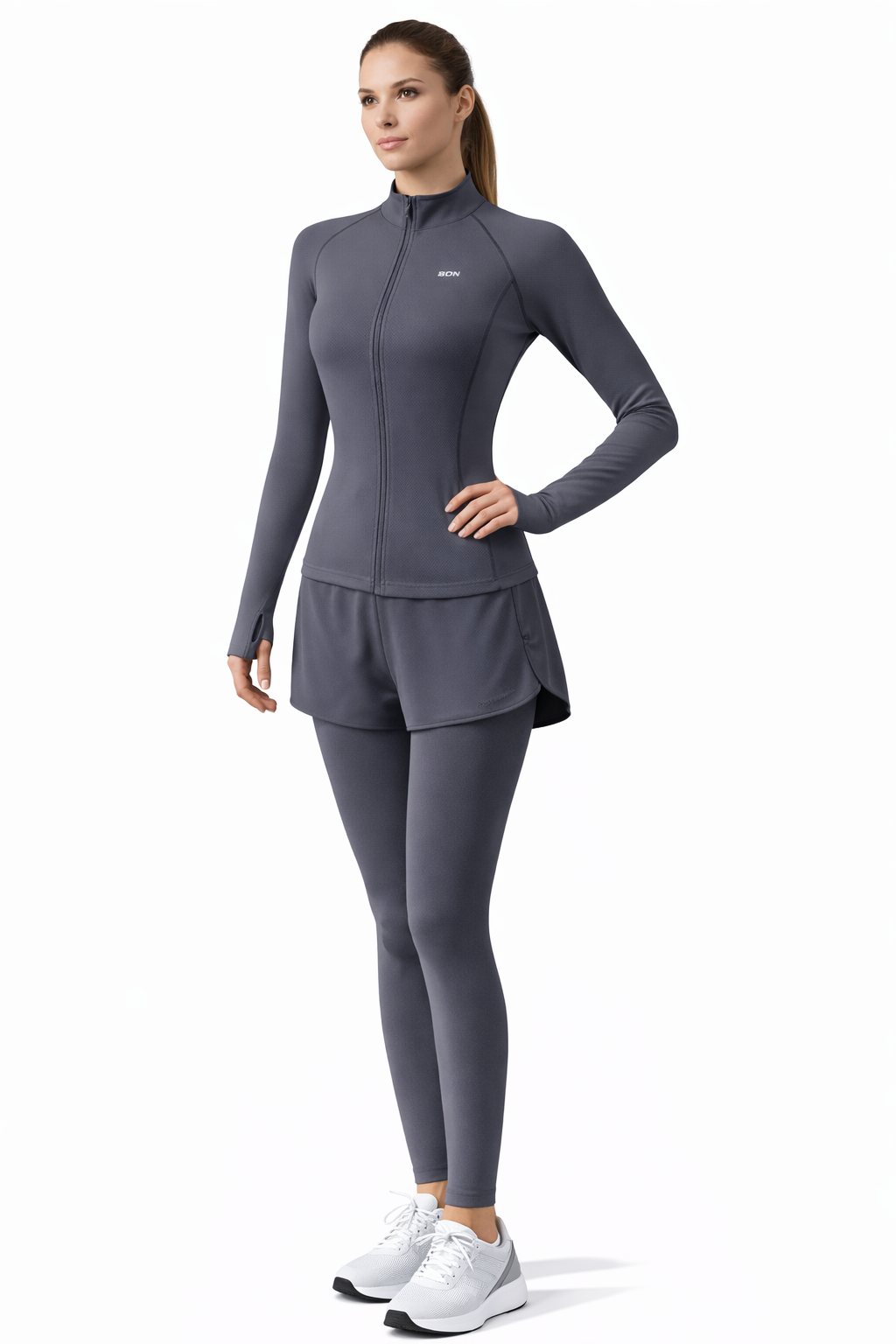 Damen Fitness Set 2-teilig – Sportjacke mit Reißverschluss & Leggings mit Rock | Premium Yoga & Gym Outfit