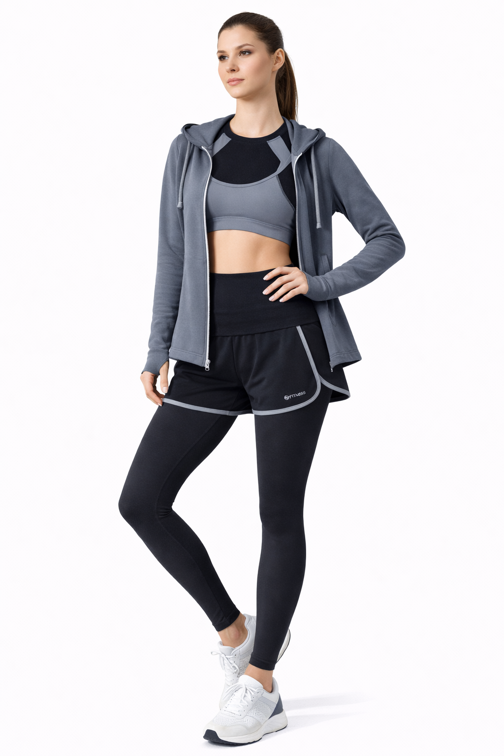 Damen Fitness Set 5-teilig – Sport Outfit mit Hoodie, T-Shirt, Sport-BH, Leggings & Shorts | Atmungsaktiv, Figurformend, Ideal für Training & Alltag