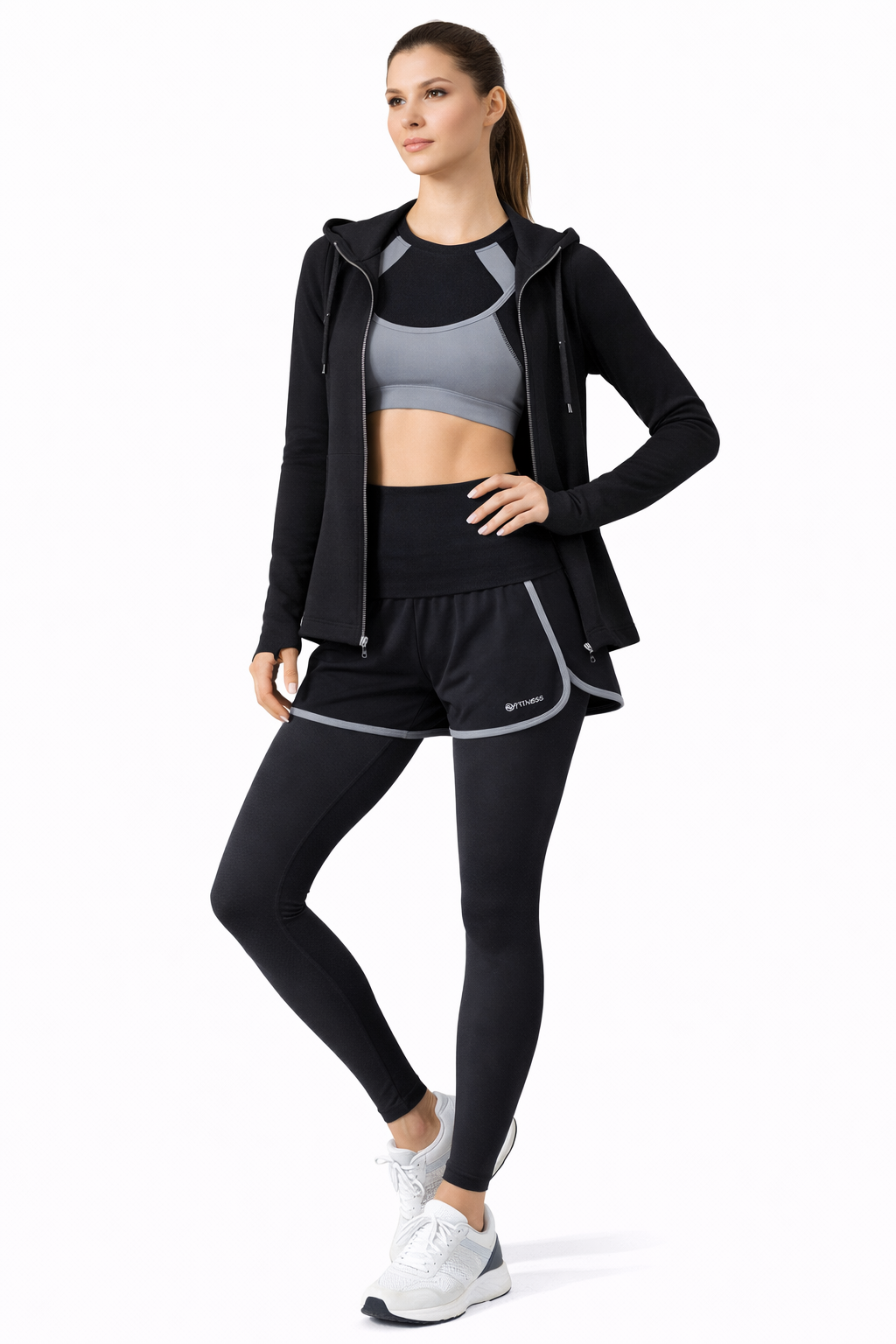 Damen Fitness Set 5-teilig – Sport Outfit mit Hoodie, T-Shirt, Sport-BH, Leggings & Shorts | Atmungsaktiv, Figurformend, Ideal für Training & Alltag
