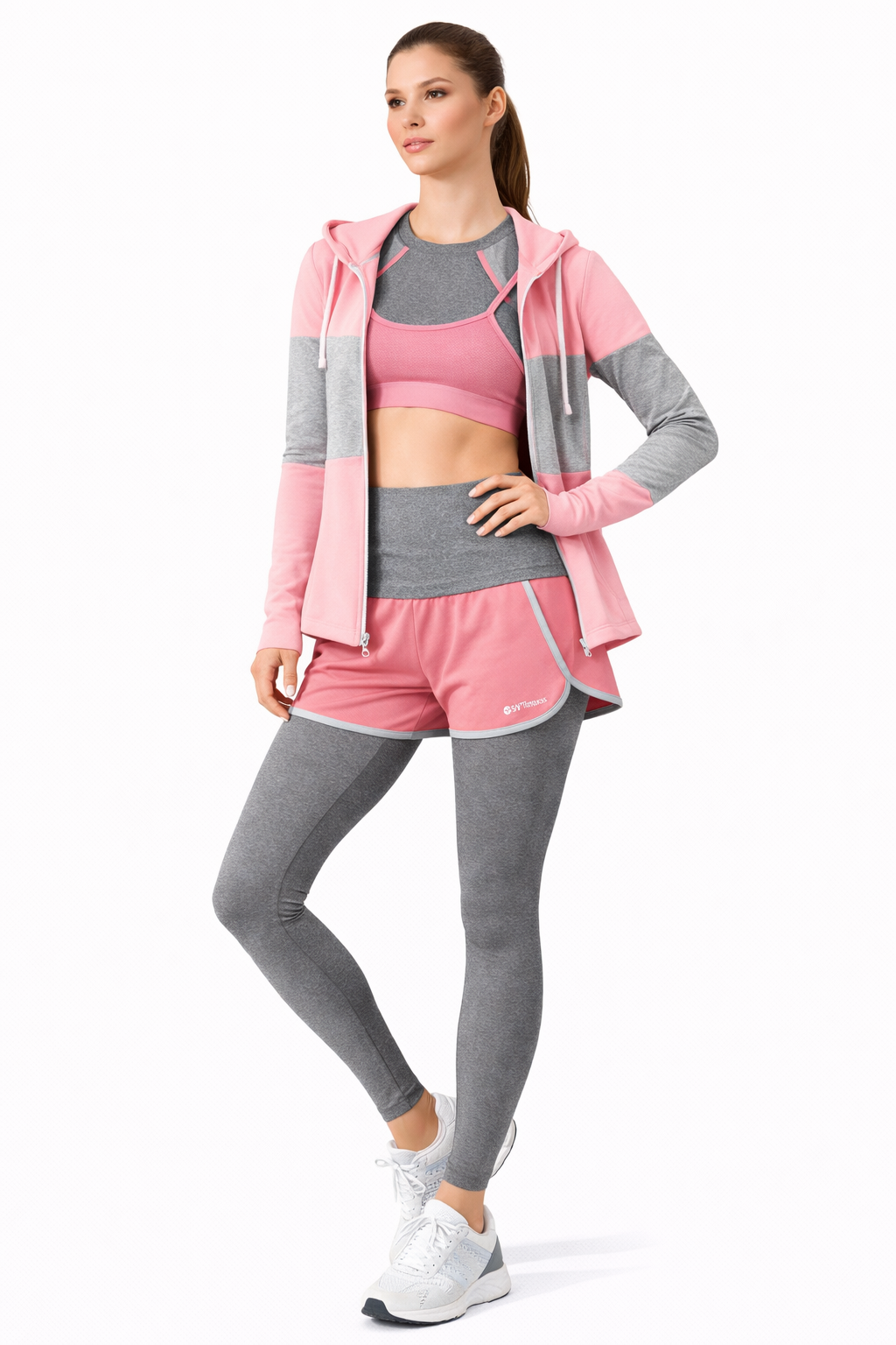 Damen Fitness Set 5-teilig – Sport Outfit mit Hoodie, T-Shirt, Sport-BH, Leggings & Shorts | Atmungsaktiv, Figurformend, Ideal für Training & Alltag